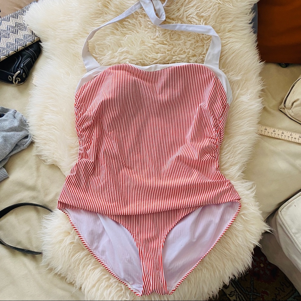 BASIC EDITIONS red stripe retro style halter swimsuit 18 one piece